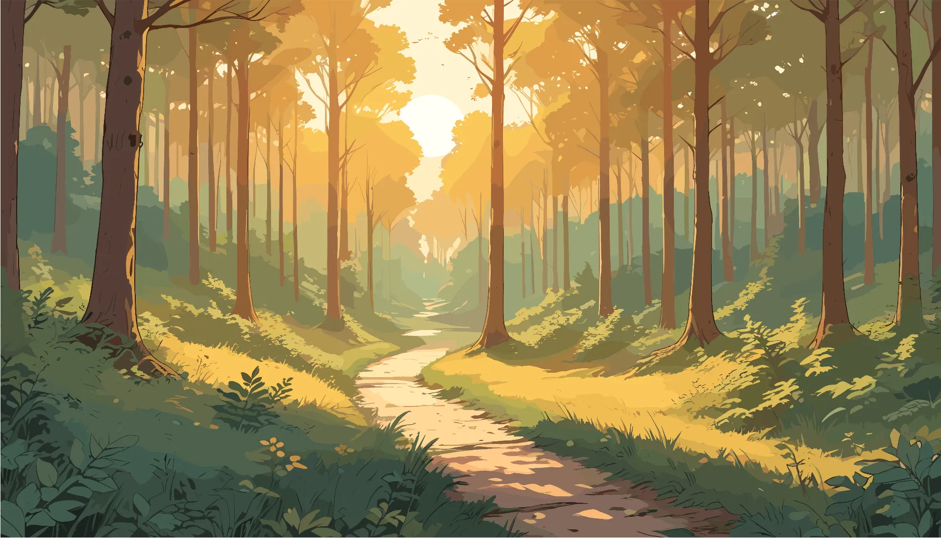 A quiet sunlit path winding through tall trees in a peaceful forest.